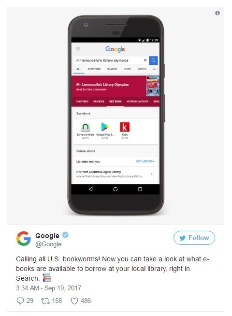 Google在搜索结果中添加本地图书馆电子书选项 