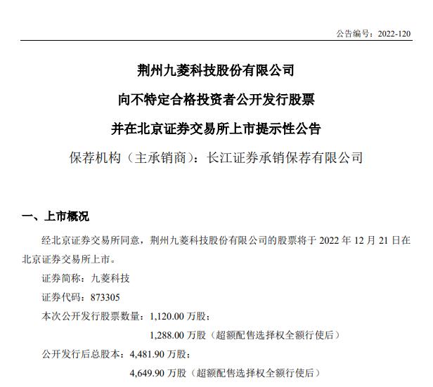 九菱科技12月21日北交所上市：细分领域“隐形冠军”　加大新能源领域布局