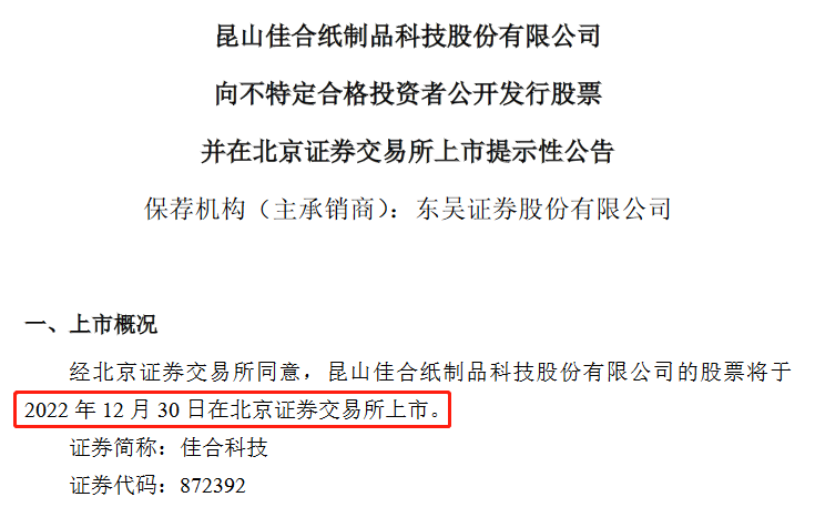 佳合科技12月30日北交所上市 2022年前三季度净利润2011万元